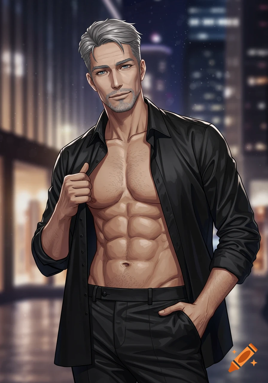 Anime style artwork of a muscular man with grey hair, an open black shirt, and black pants, standing in a modern city.