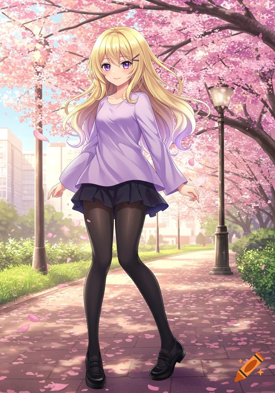 An anime girl with long blonde hair and purple eyes, wearing a purple top, black skirt, and tights, stands on a cherry blossom-lined park path.