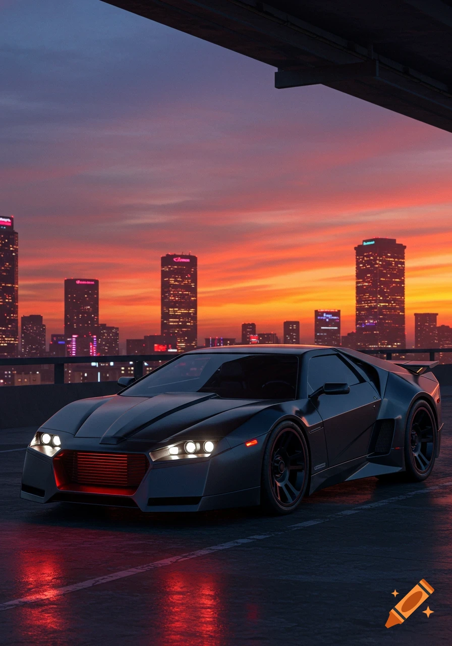 A sleek, dark futuristic sports car with bright headlights parked on a rooftop against a vibrant orange and purple sunset cityscape.