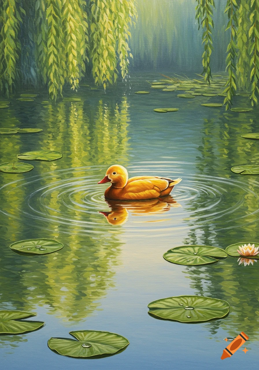 A vibrant yellow duck swims in a serene pond surrounded by green lily pads and reflective weeping willow branches, in a painterly style.