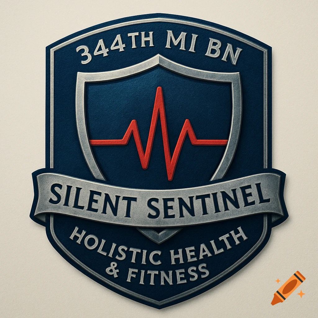 A blue shield emblem with a red heartbeat line, silver borders, and text: '344TH MI BN', 'SILENT SENTINEL', 'HOLISTIC HEALTH & FITNESS'.
