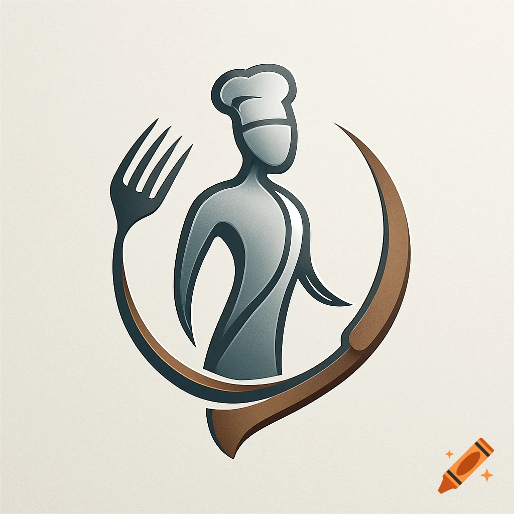 Stylized logo of a chef figure wearing a toque, framed by a fork and a knife on an off-white background.