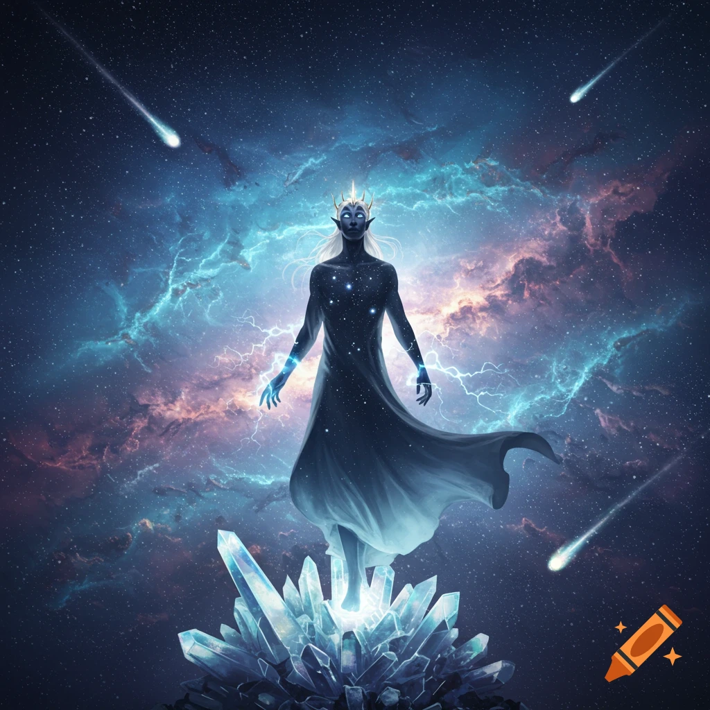 A celestial being with a crown, glowing eyes, and a starry body stands atop large blue crystals amidst a cosmic nebula with meteors.