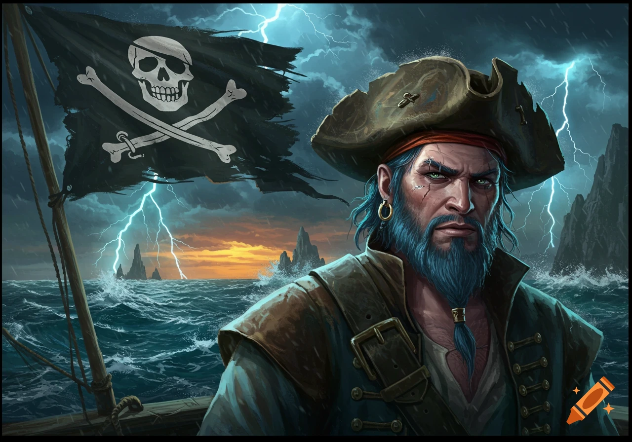 A rugged pirate with a blue beard and eyepatch stands on a ship in a stormy sea with a Jolly Roger flag and lightning.