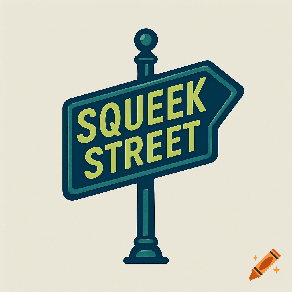 A stylized green and blue street sign points right, displaying the words "SQUEEK STREET" in bright yellow letters.