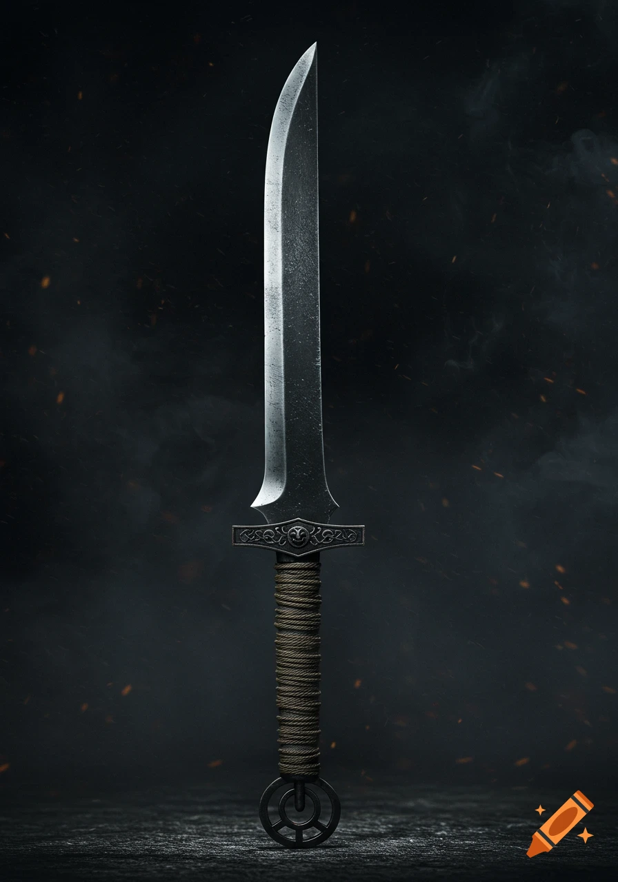 Dark fantasy concept art of a detailed dao sword with a polished blade and rope-wrapped handle, standing upright against a smoky background.