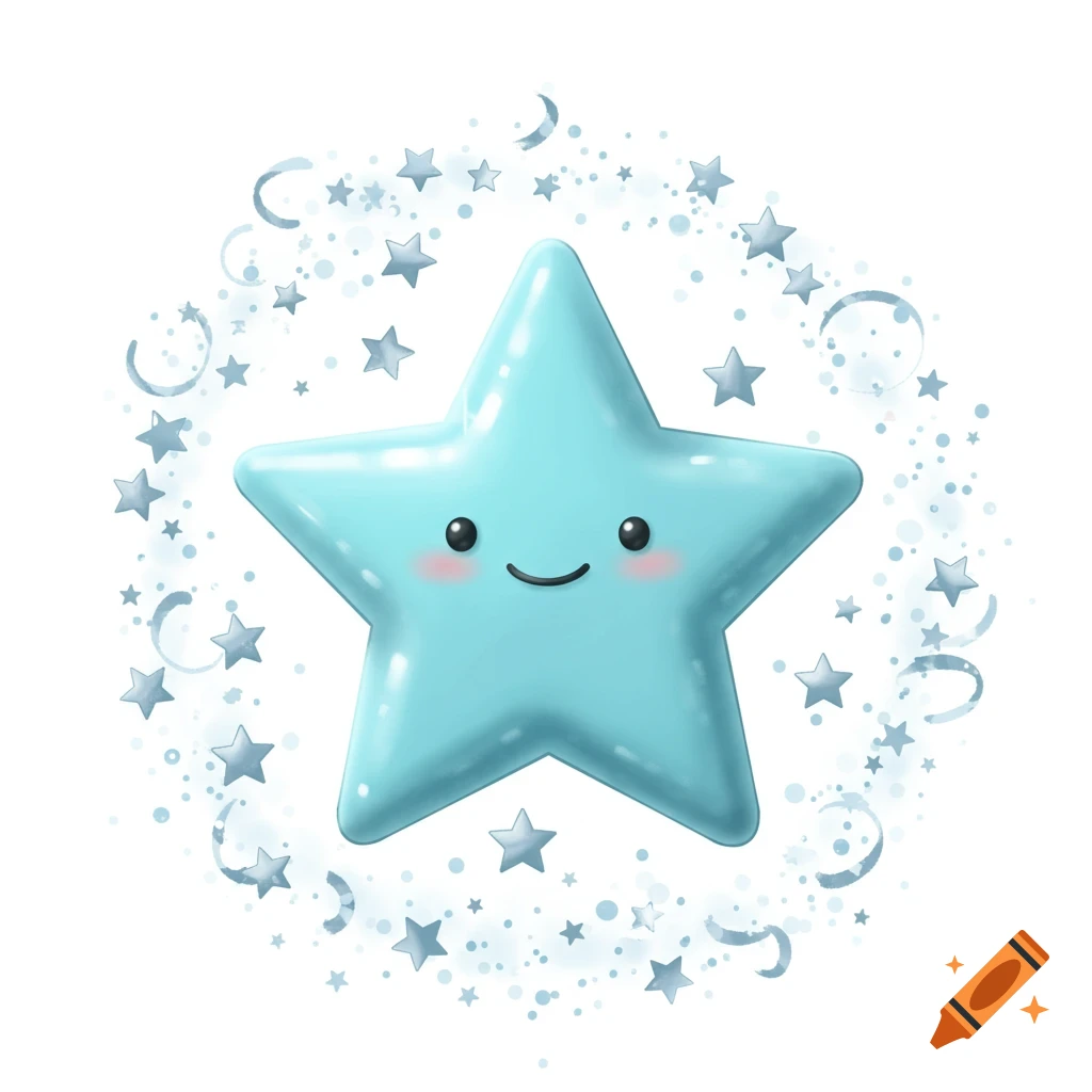 Shiny cartoon blue star with a happy face, surrounded by smaller stars and crescent moons.