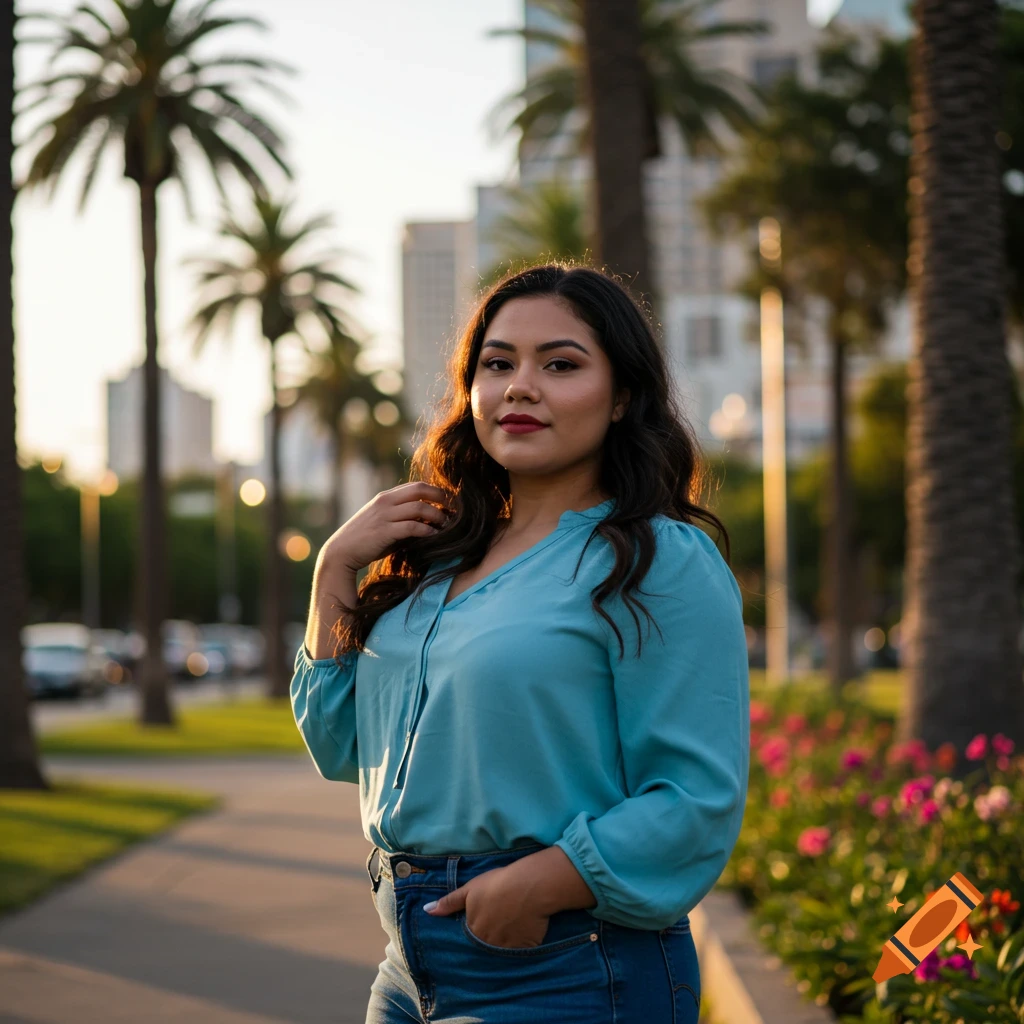 A young woman in a teal blouse and jeans stands in a park with palm trees and city buildings at golden hour. Photorealistic.