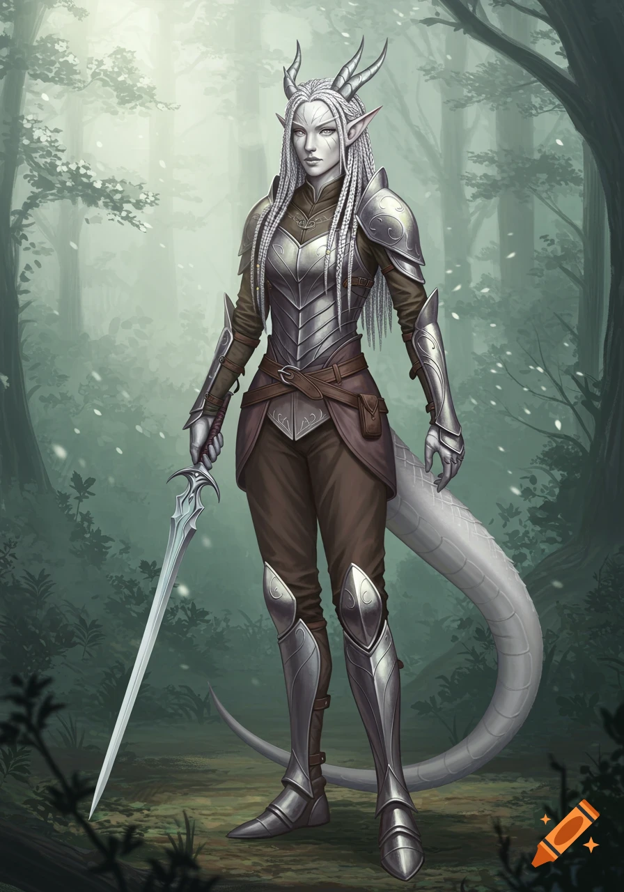 A female elf-dragon hybrid warrior with white braided hair, pale skin, silver armor, and a sword stands in a misty forest.