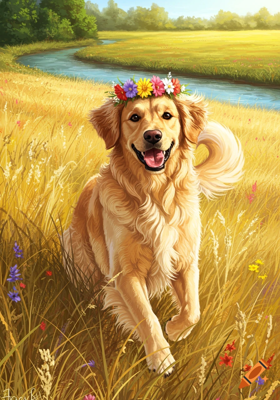 A happy golden retriever wearing a colorful flower crown runs through a sunny golden field with a river in the background.