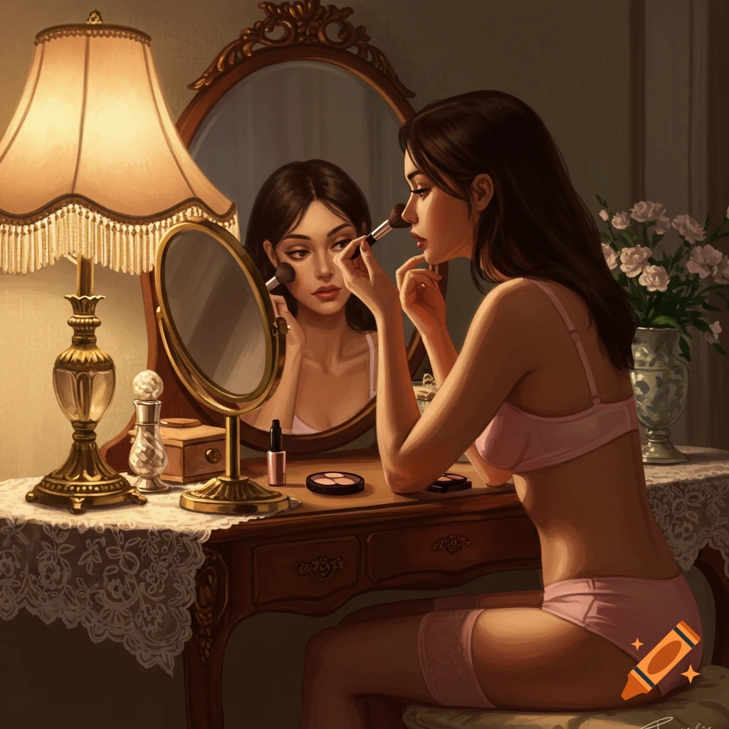 A woman in pink lingerie applies makeup at a wooden vanity table, looking into an ornate mirror, in a softly lit room, digital art.