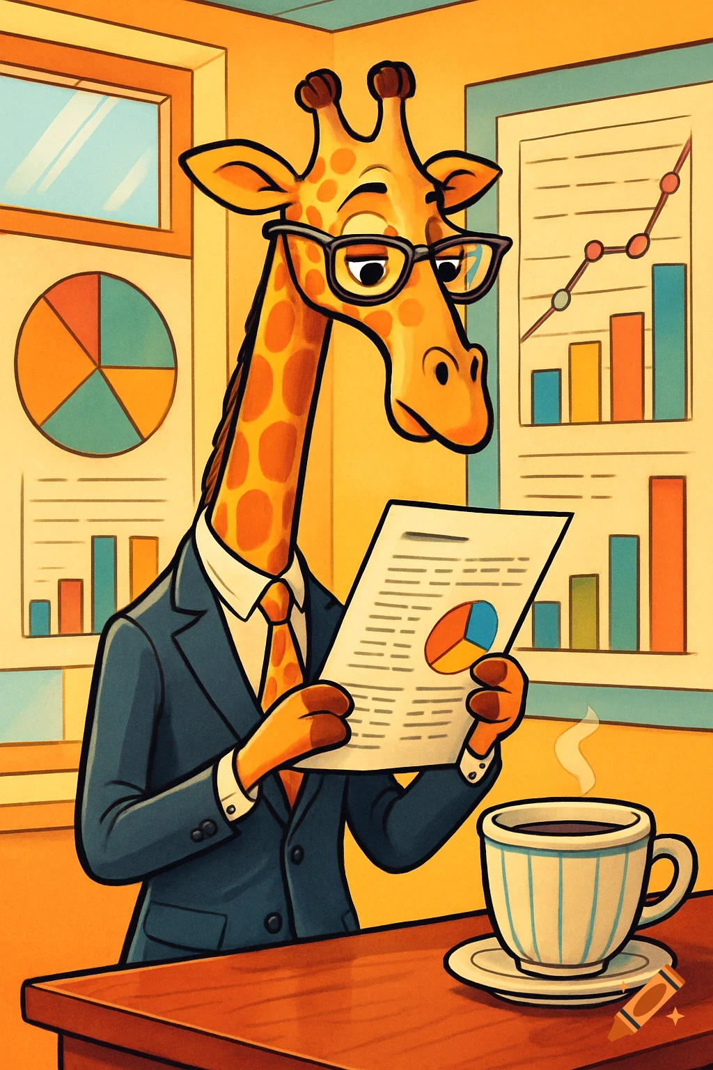 A cartoon giraffe in a blue suit and glasses reads a report at an office desk with a coffee cup and charts in the background.