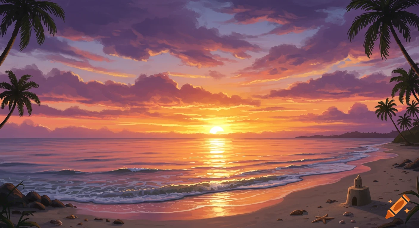 Vibrant sunset over a tropical beach with palm trees, gentle ocean waves, and a sandcastle on the shore.