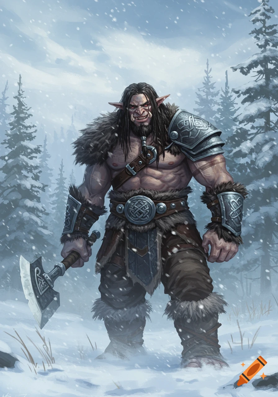 A muscular, long-haired troll warrior with an axe stands in a snowy forest. Fantasy art style.
