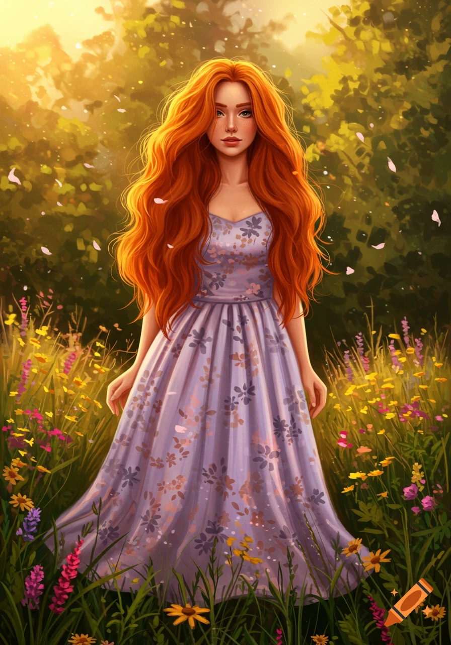 A vibrant illustration of a redhead girl with long, flowing hair, wearing a lavender floral dress, standing in a sun-drenched field of wildflowers.