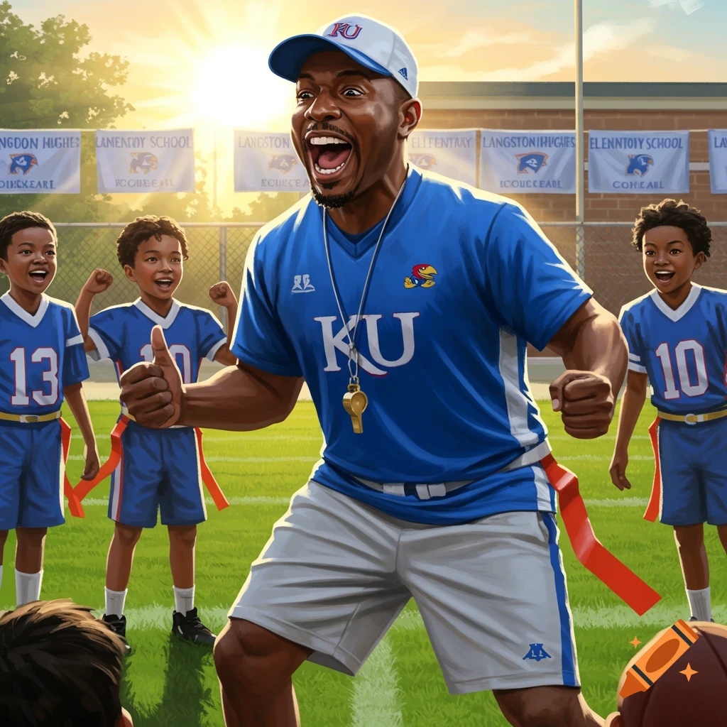 An energetic football coach in a blue 'KU' shirt shouts encouragement to four young flag football players on a sunny field.