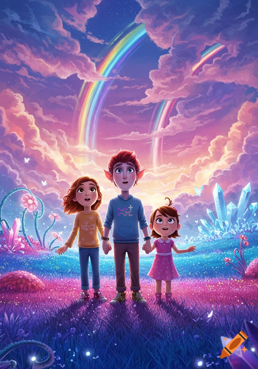 Three cartoon children gaze in wonder at two vibrant rainbows in a whimsical, colorful fantasy land with glowing plants and crystals.