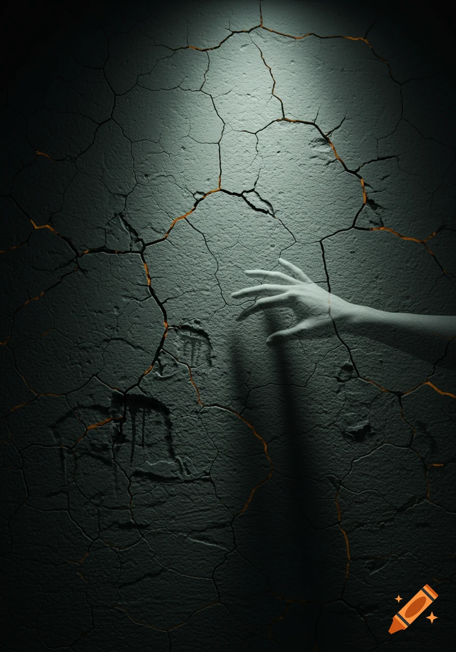 A ghostly hand emerges from a dark, cracked wall with glowing orange veins, under a spotlight.