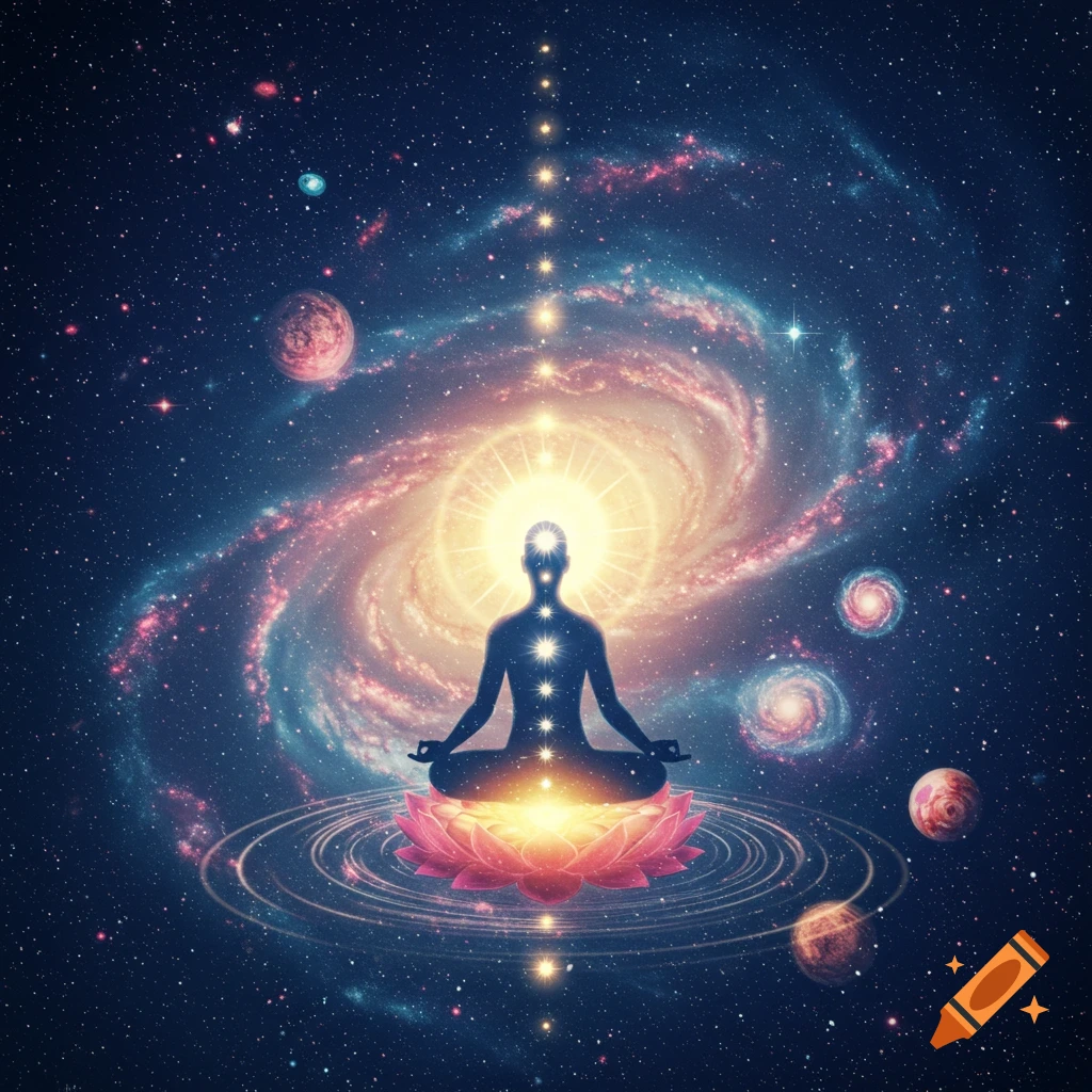A silhouetted figure meditates on a glowing lotus in a vibrant galaxy filled with stars and planets, light radiating from their body.