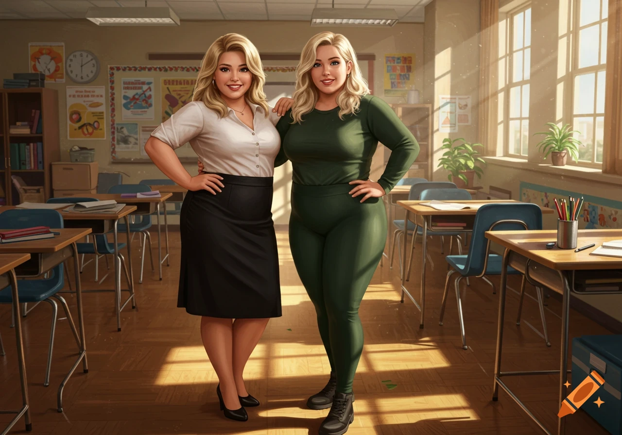 Two smiling blonde women, one in a white shirt and black skirt, the other in a dark green outfit, stand in a sunlit classroom.