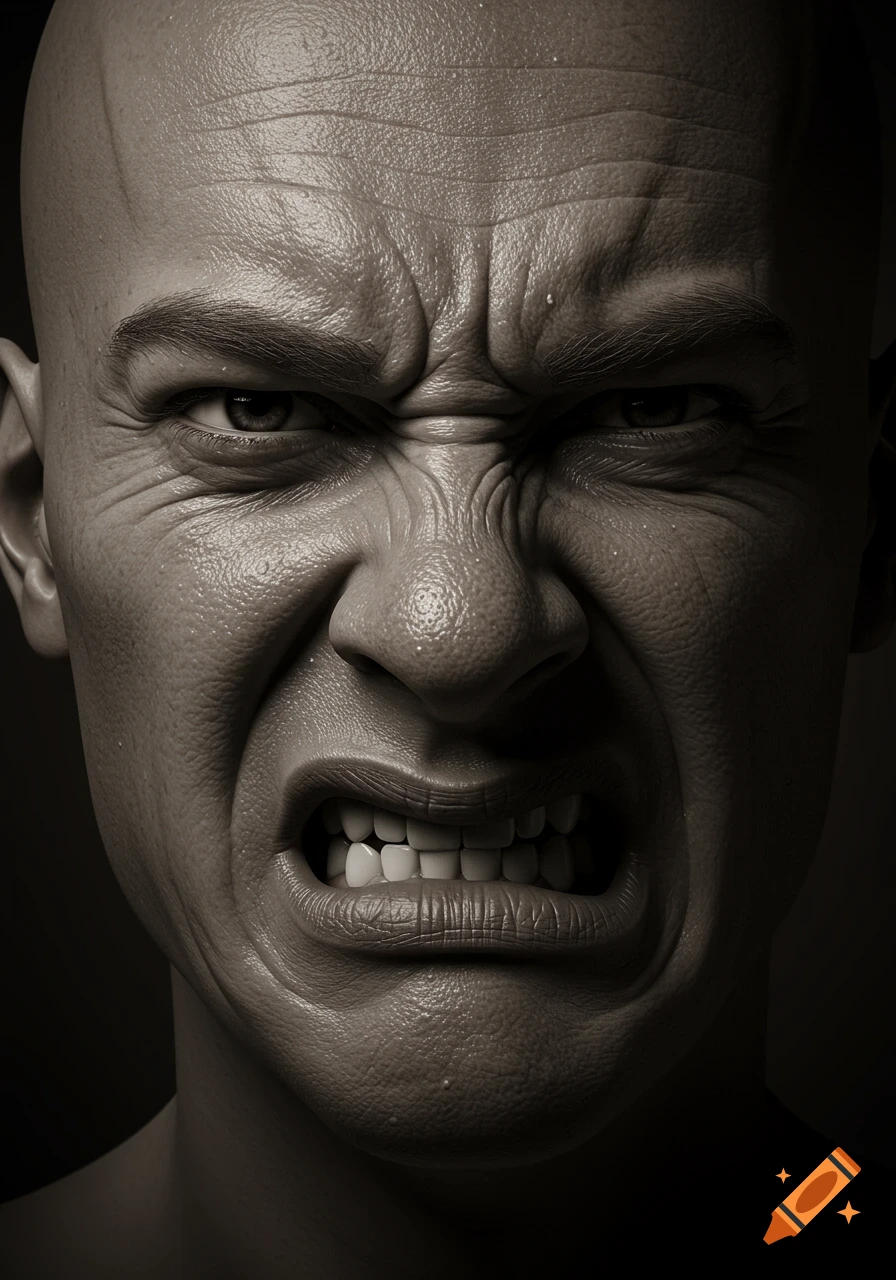 Close-up photorealistic portrait of a bald person with a heavily wrinkled, disgusted expression, in sepia tones.