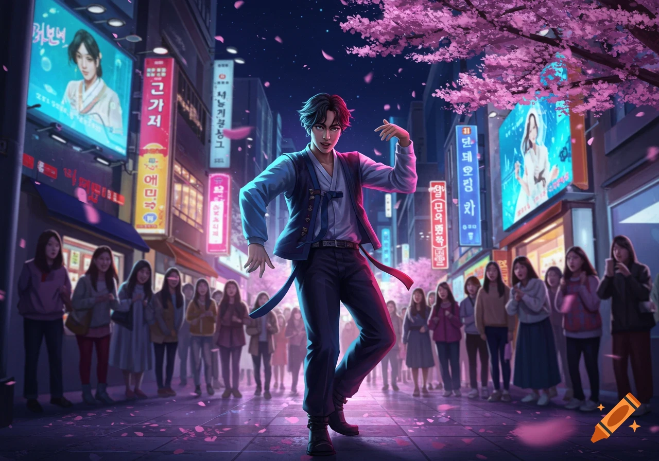 A K-pop male dancer in traditional attire performs on a vibrant Seoul street at night, with cherry blossoms and crowds.