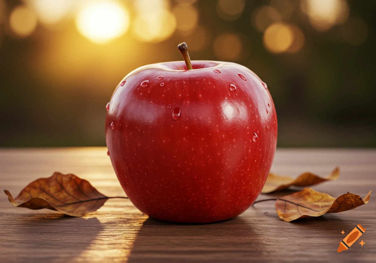 Photorealistic close-up of a vibrant red apple with water droplets and autumn leaves on a wooden table under warm sunlight.