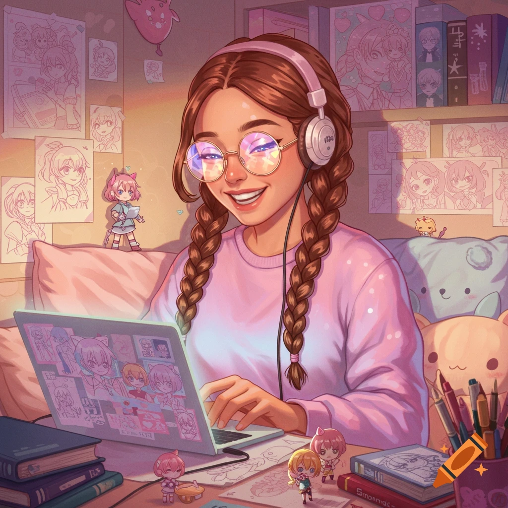 A smiling young woman with braids and glasses wears headphones, looking at a laptop with anime drawings. She's in a room filled with anime art and figures.