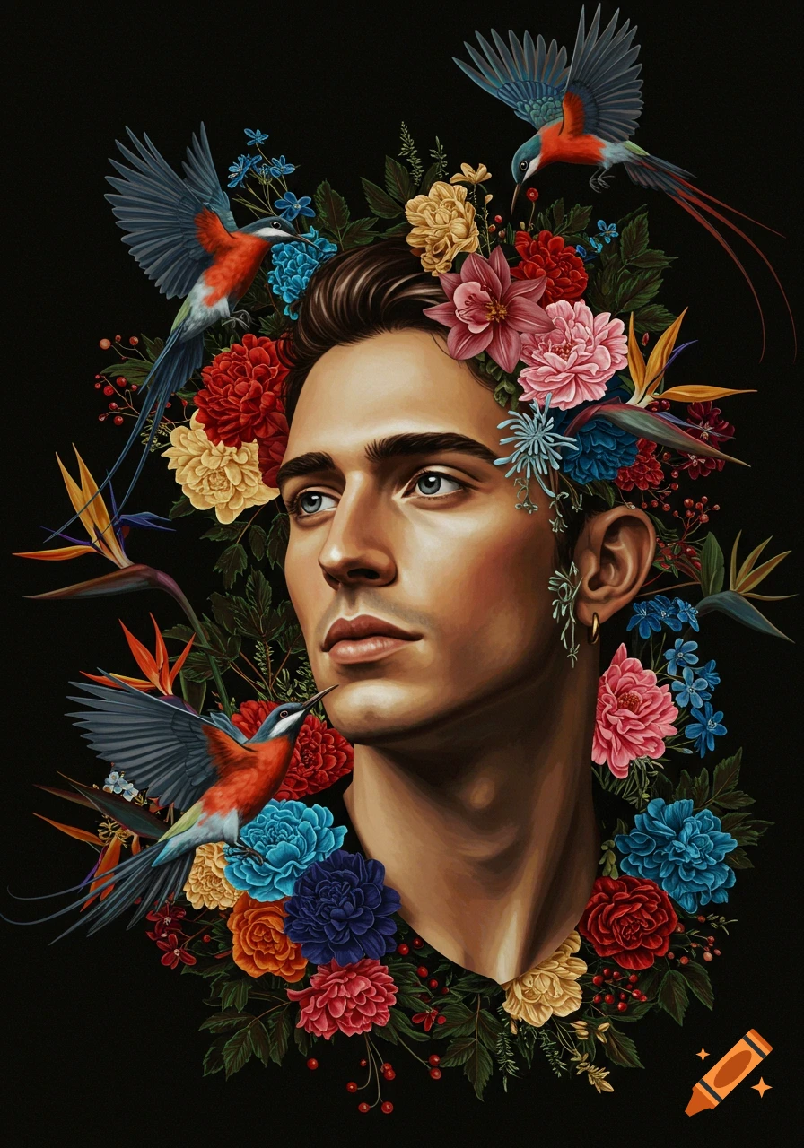 Portrait of a man framed by colorful flowers and birds against a black background.