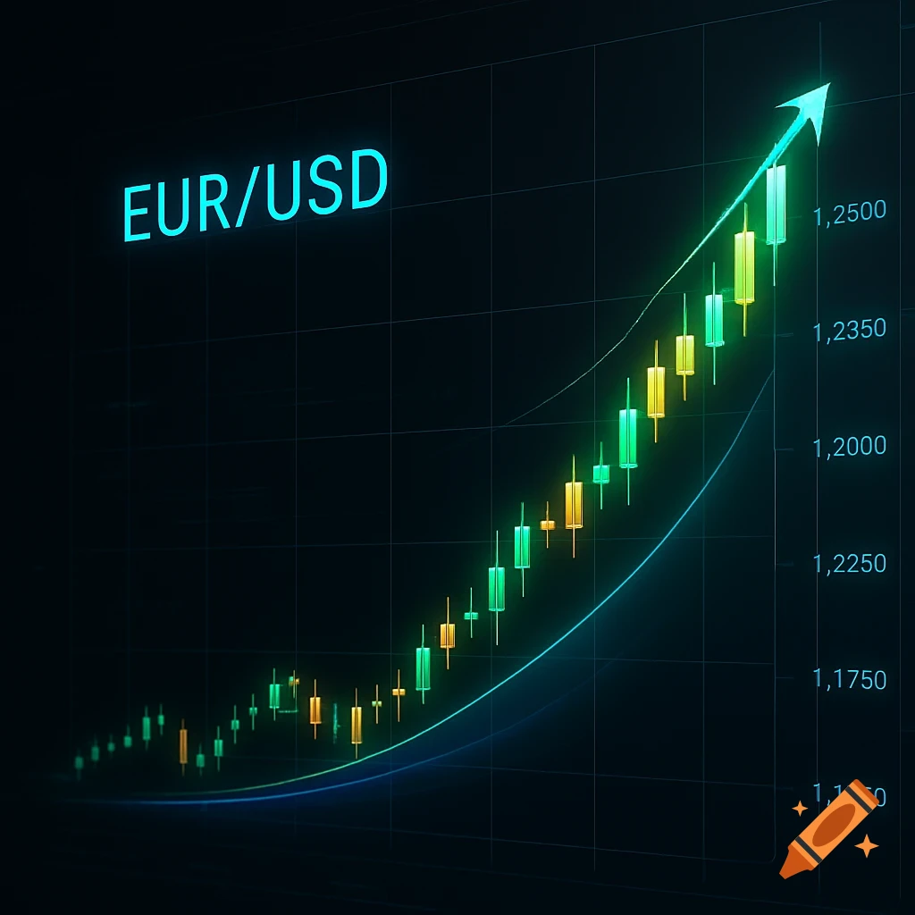 A glowing blue, green, and yellow bar chart showing 'EUR/USD' currency exchange rates rising against a dark background.