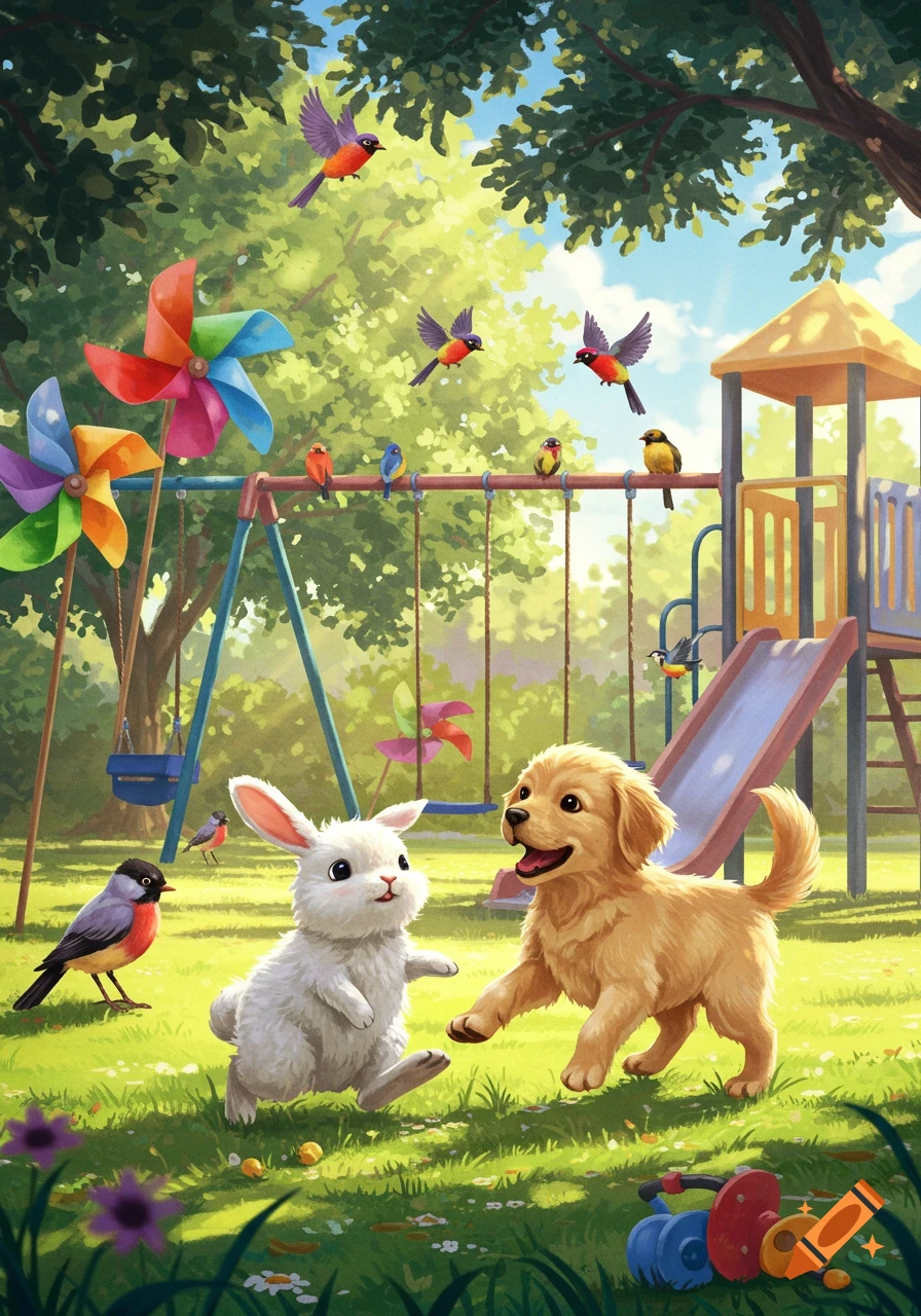 A vibrant illustration of a white bunny and a golden puppy playing in a sunny playground with colorful birds, swings, and a slide.