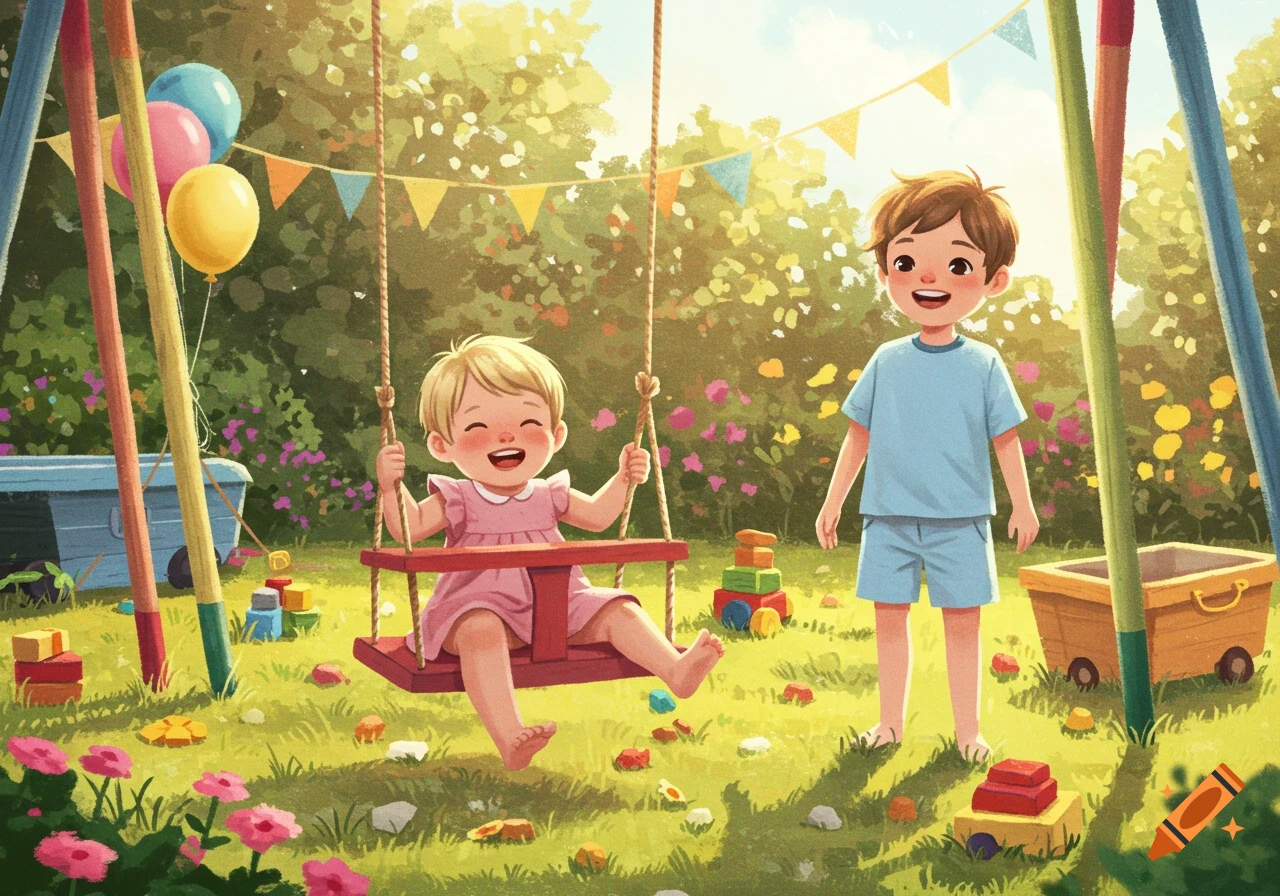 A blonde child on a swing and a boy standing nearby smile in a sunny garden with balloons and toys, children's book illustration.