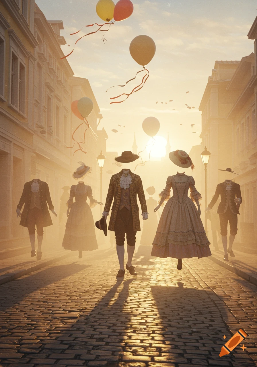 Invisible figures in elaborate historical costumes walk down a golden, misty cobblestone street under floating balloons.