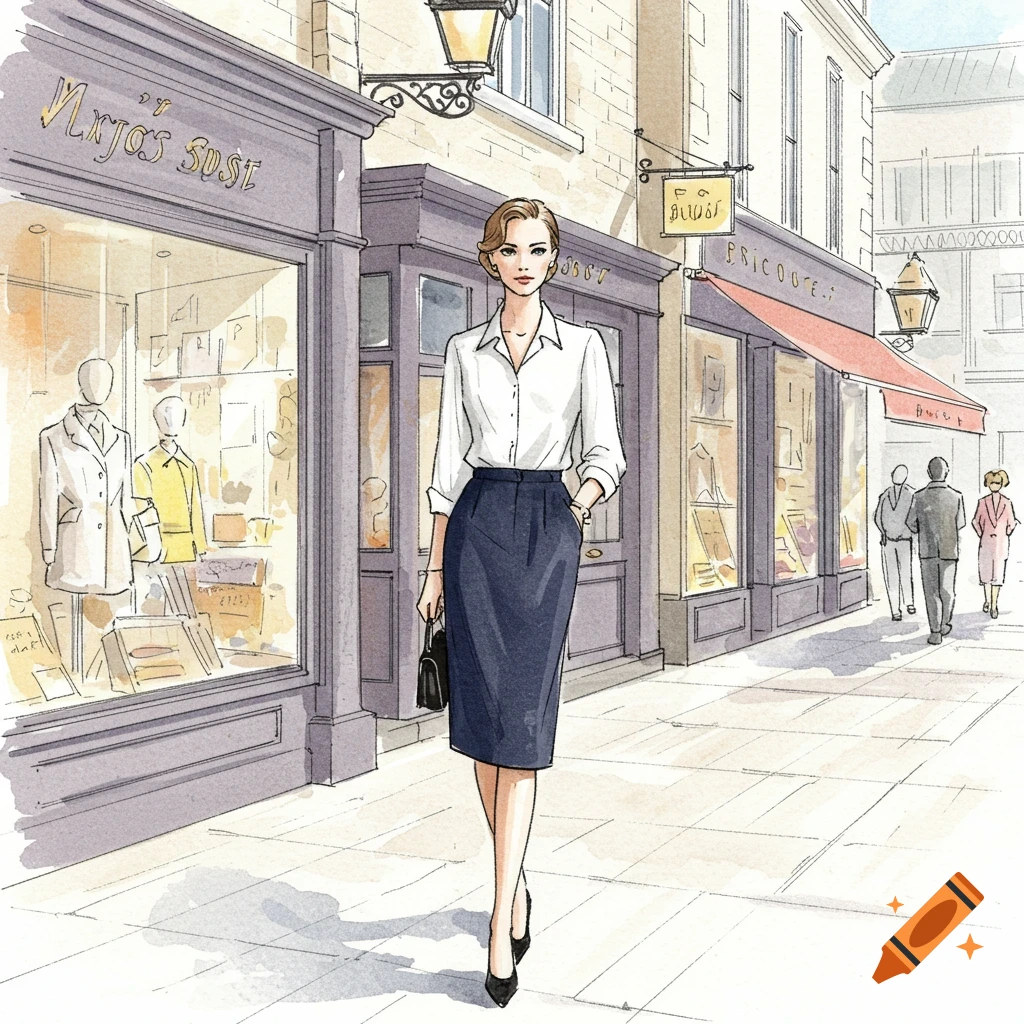 An illustration of a woman in a white shirt and navy skirt walking on a city street with shops.
