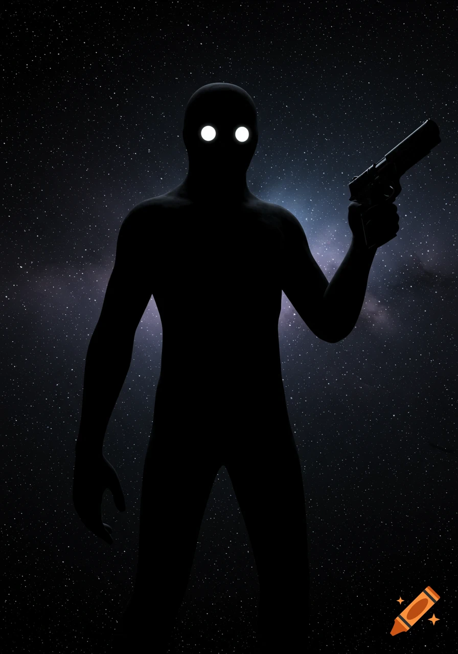 A silhouetted figure with glowing white eyes holds a handgun against a dark, starry space background.
