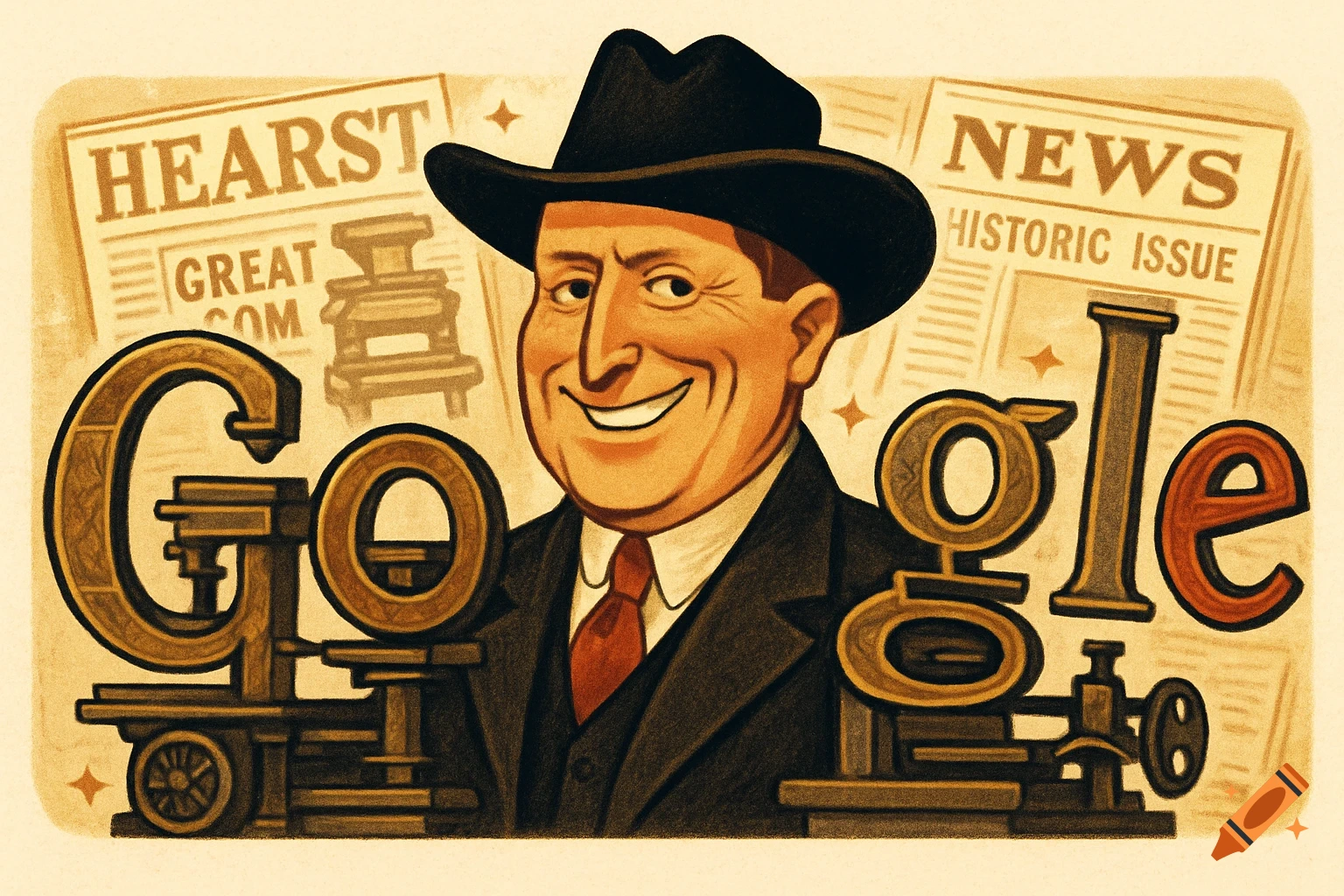 Illustration in Google Doodle style of William Randolph Hearst in a black cowboy hat, smiling, with newspapers and the word "Google" rendered as machinery around him.