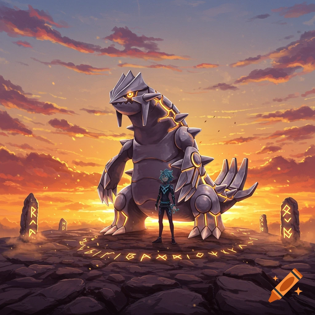 A person stands before a metallic Groudon-like creature on rocky ground with glowing runes under a dramatic sunset.