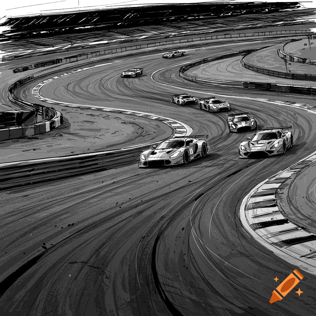 Black and white sketch of multiple race cars speeding around curves on a track, with motion blur and tire marks.