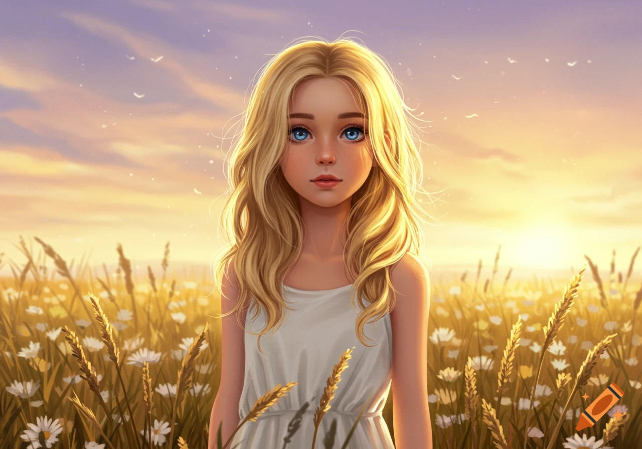 A blonde girl with blue eyes stands in a sunlit field filled with daisies and tall grass, depicted in a digital painting style.