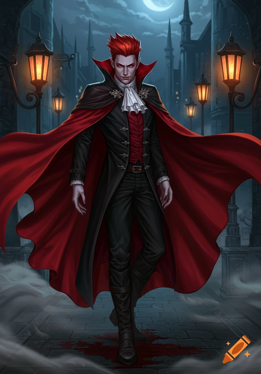 Full-body illustration of a male vampire with red spiky hair and red cape in a gothic street under a full moon.