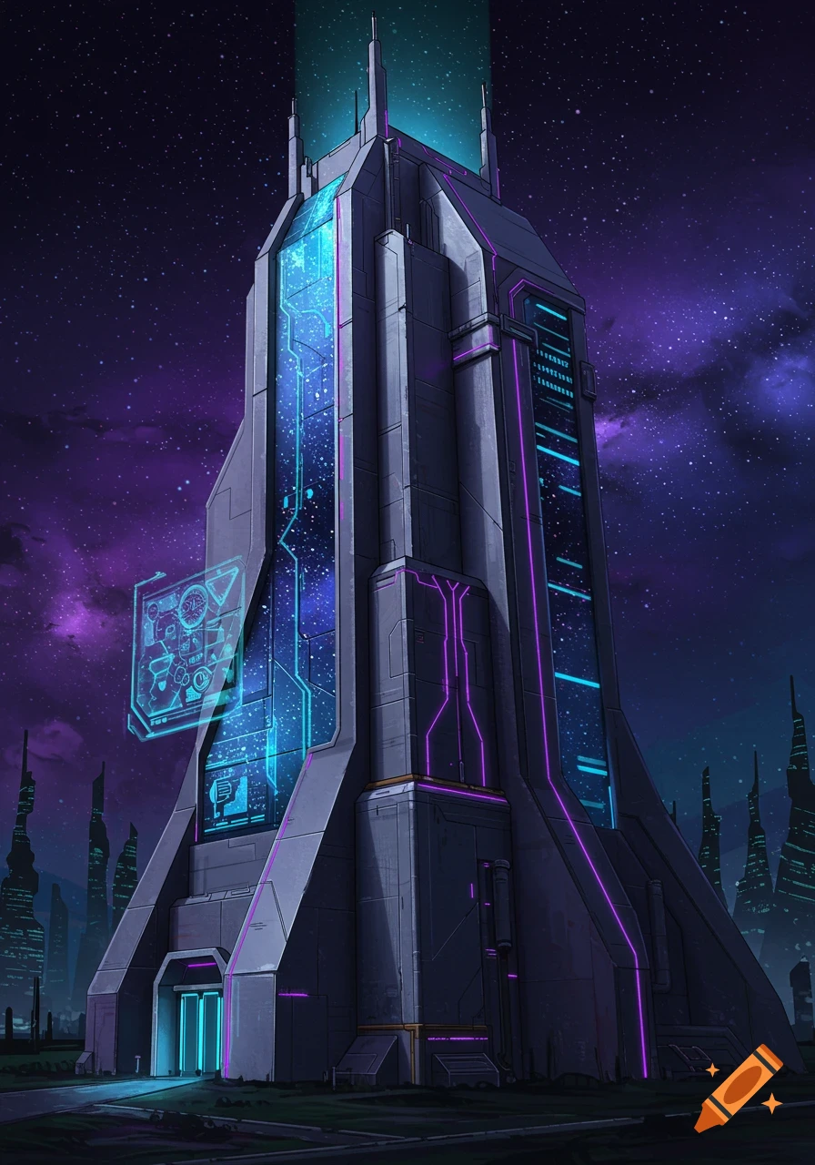 A futuristic sci-fi university building stands under a starry purple sky, glowing with blue and magenta lights.