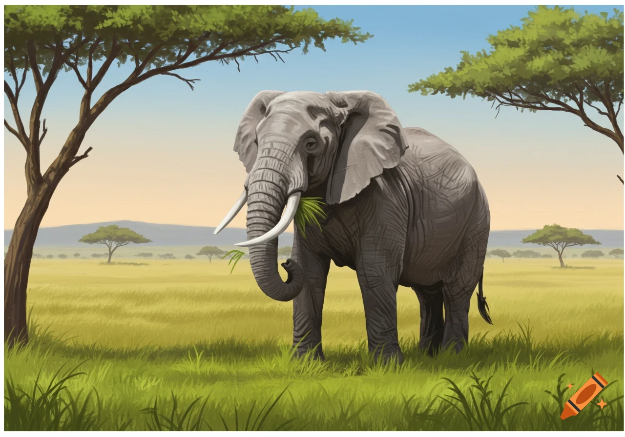 Digital painting of a grey elephant with tusks eating green grass in a savanna landscape under a clear sky with acacia trees.