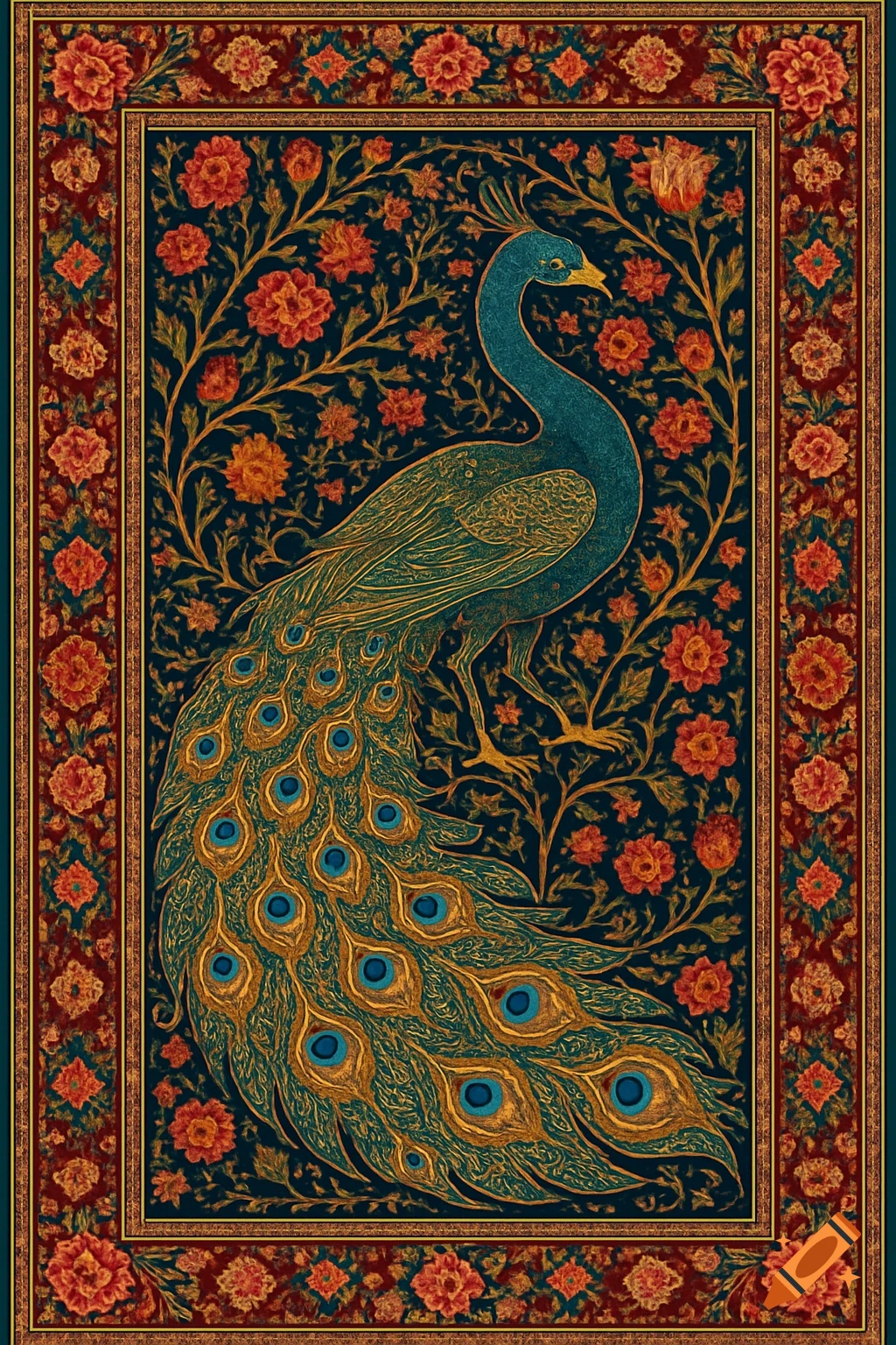 Ornate Persian carpet design with a central blue and gold peacock, surrounded by red floral motifs and an elaborate border.