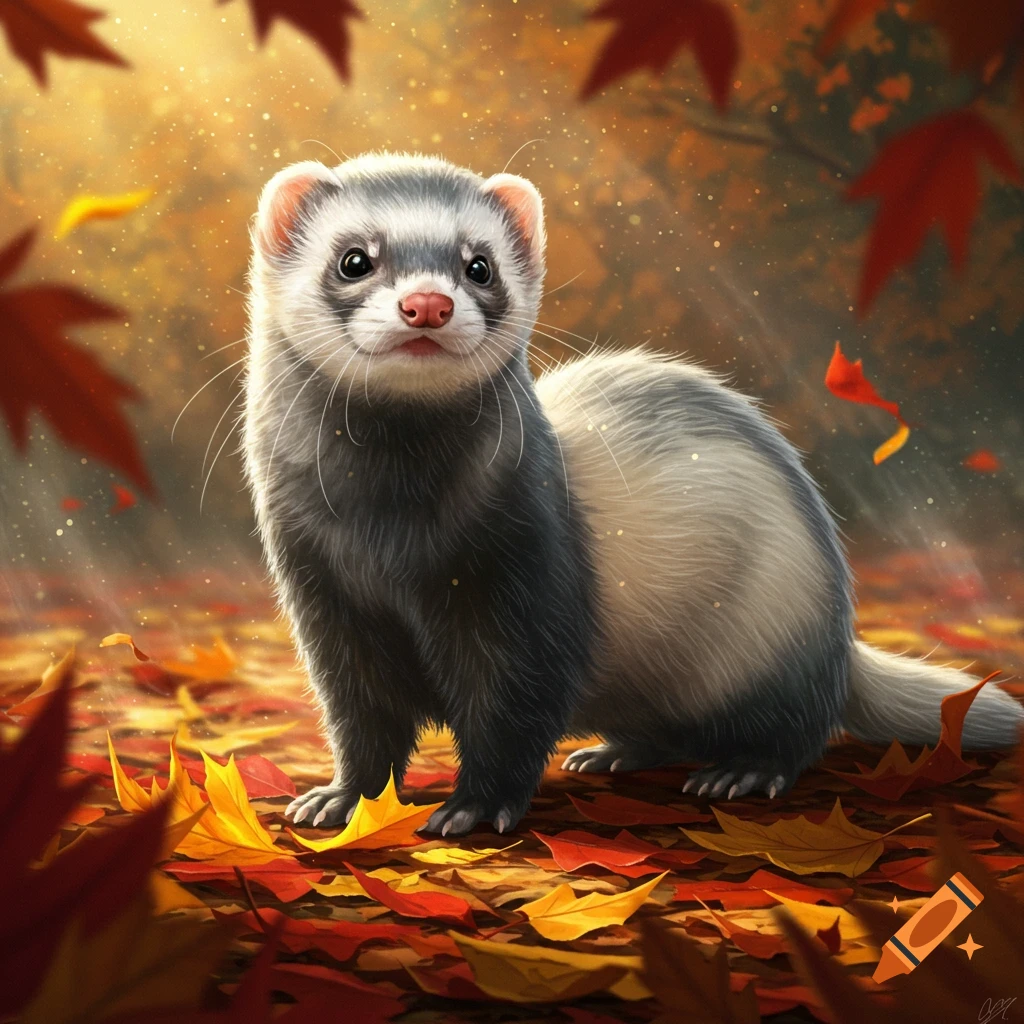 A realistic ferret stands among colorful autumn leaves in a forest with dappled sunlight.