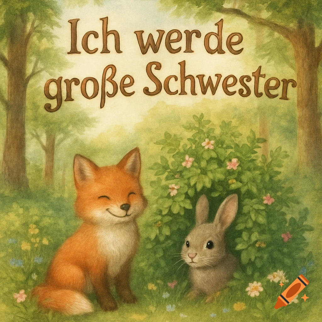 A cute children's illustration of a smiling fox and a rabbit in a forest, with the German text "Ich werde gro es Schwester" at the top.