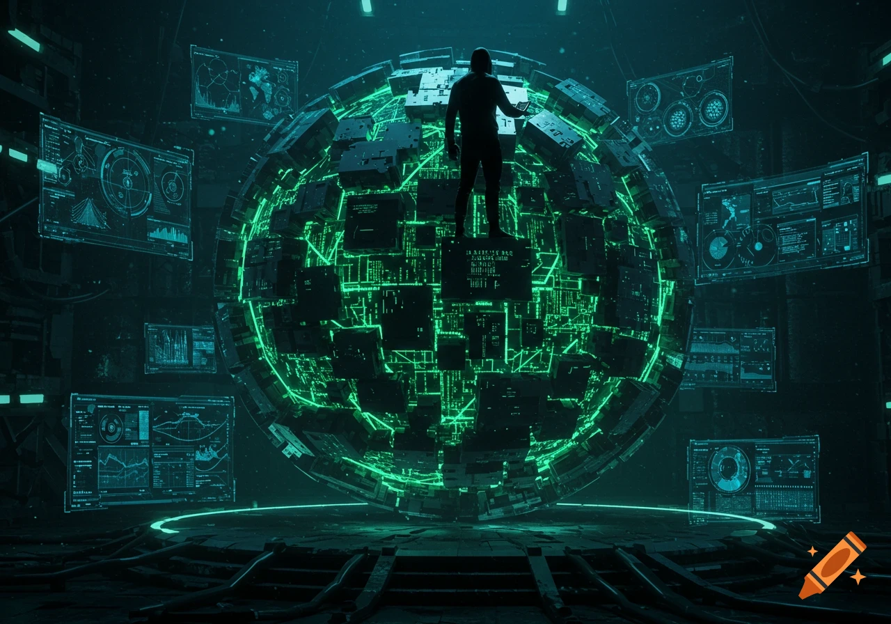 A lone silhouette stands atop a glowing green digital sphere surrounded by holographic data screens in a dark, futuristic room.