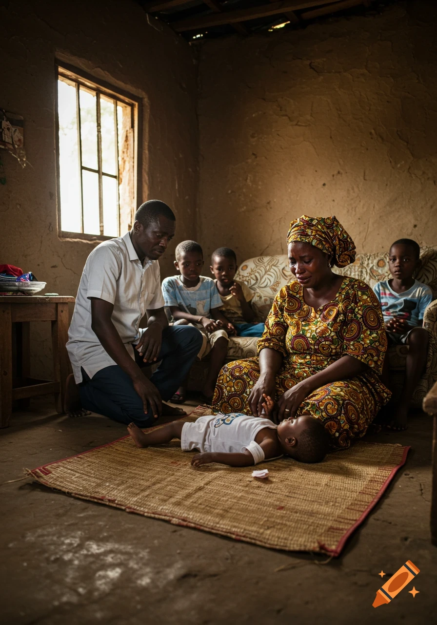 A distraught Nigerian family in a dim room; mother cries over a sick infant on a mat, father kneels, children watch.