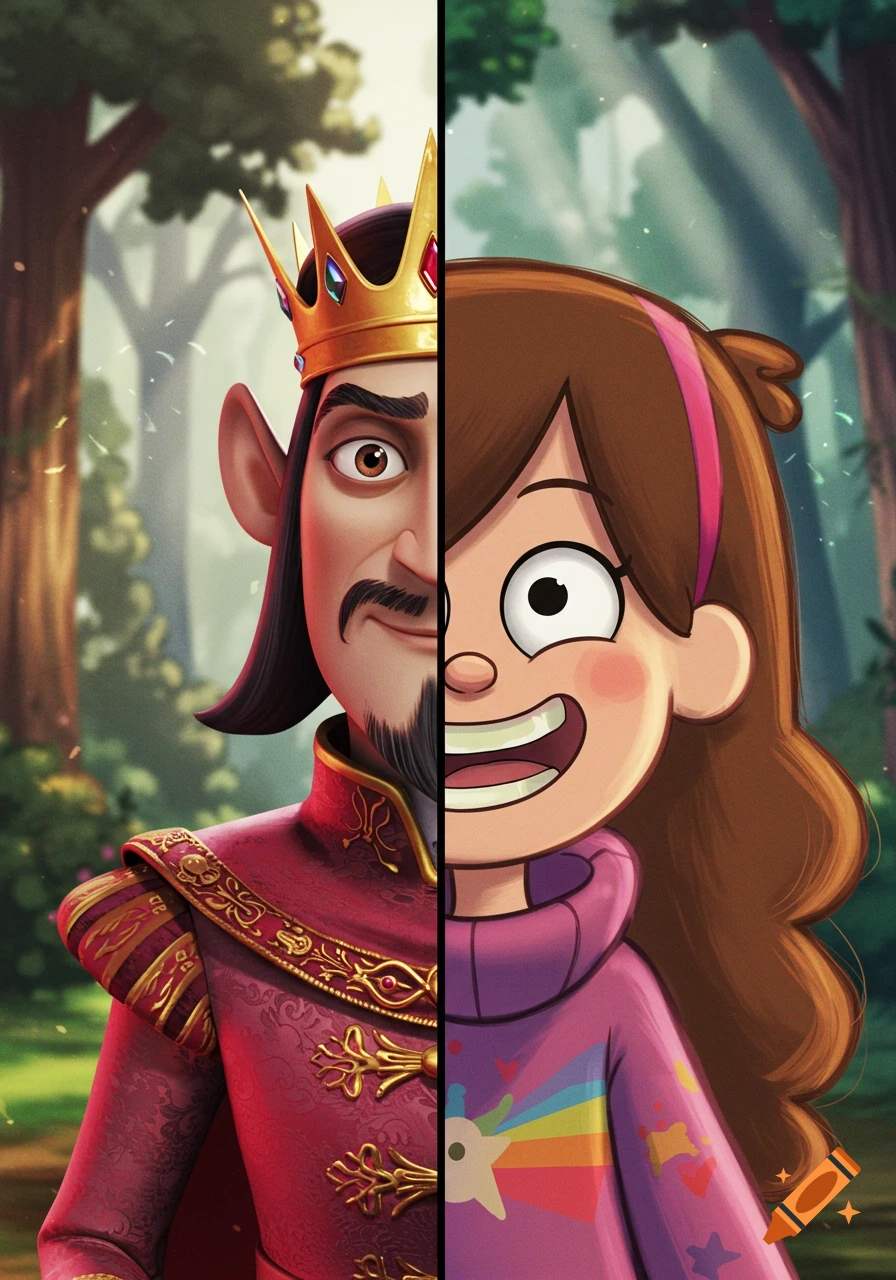 A split image portrait. Left is Lord Farquaad in a crown and red robe; right is Mabel Pines smiling in her pink sweater.