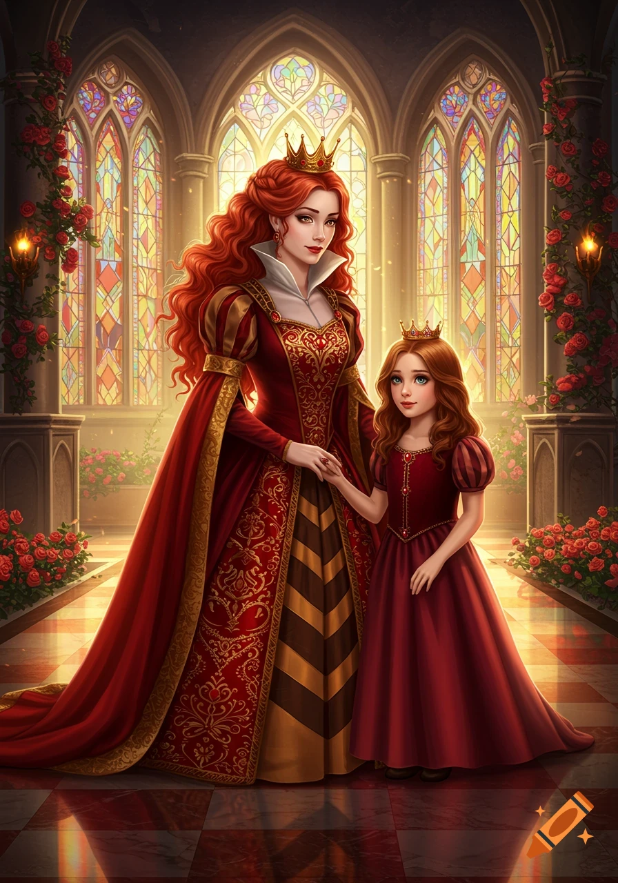 A queen with red hair and her daughter, a princess, holding hands in a grand hall with stained glass windows and red roses, fantasy art.