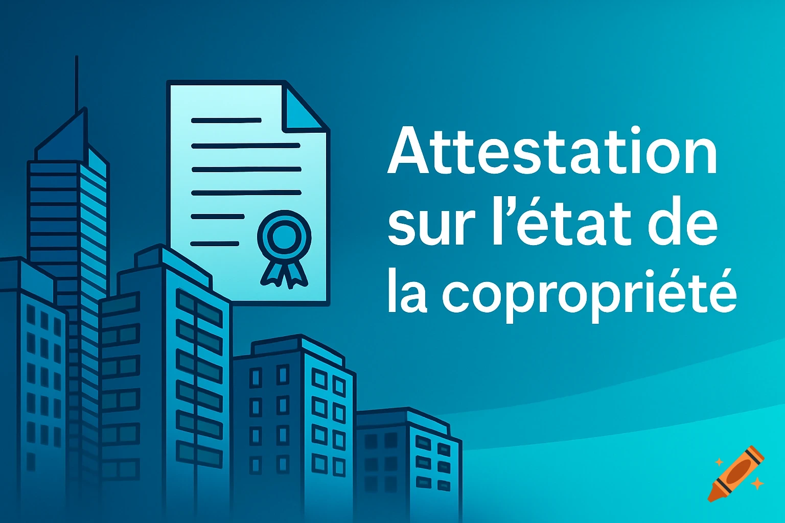 Stylized blue illustration of city buildings with a document titled 'Attestation sur l' état de la copropriété' (Certificate of co-ownership status).